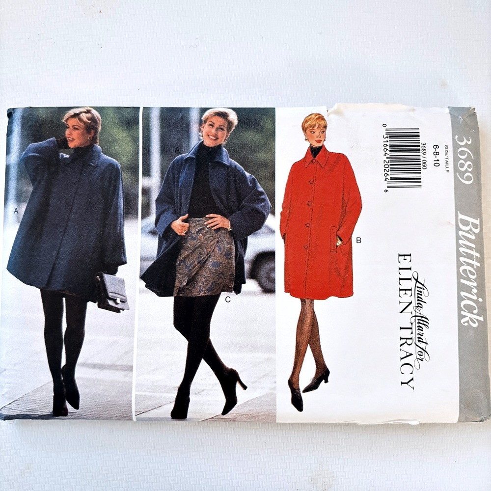 Butterick 3689 Oversized Tapered Coat Skirt Sz 6-10 EllenTracy 90s Minimalist UC